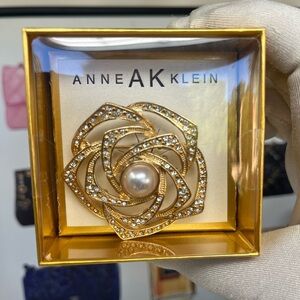 Anne Klein Camellia Brooch with Pearl and Crystals
